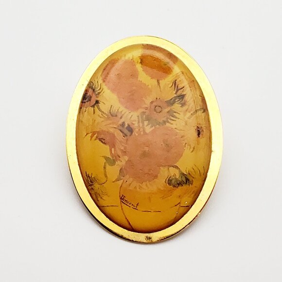 Vintage VAN GOGH ' Sunflowers ' Image Oval Gold Rim Brooch Pin Domed Glass - Picture 3 of 5